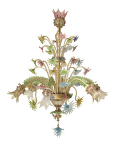 A beautiful, multi-colored Venetian glass chandelier, with delicate pink, blue and green flowers on a gold frame.