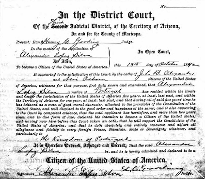 The official document for Alejandro Silva's naturalization, dated October 8, 1892.