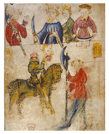 An anonymous illustration of Sir Gawain and the Green Knight from the 14th century. Sir Gawain holds a large ax and the Green Knight holds his own severed head while King Arthur and others look on.