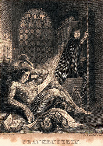 An engraving from the 1831 edition of Frankenstein, showing Dr. Frankenstein being horrified by his creation.