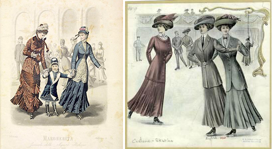 Fashion plates from 1880 and 1910, showing how the styles in women's roller skating clothing had changed in 30 years.