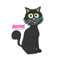 A cartoon drawing of a black cat, with the name Archie.