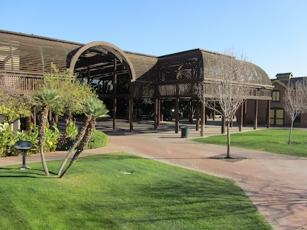 A photograph of the lath pavilion at historic Heritage Square.