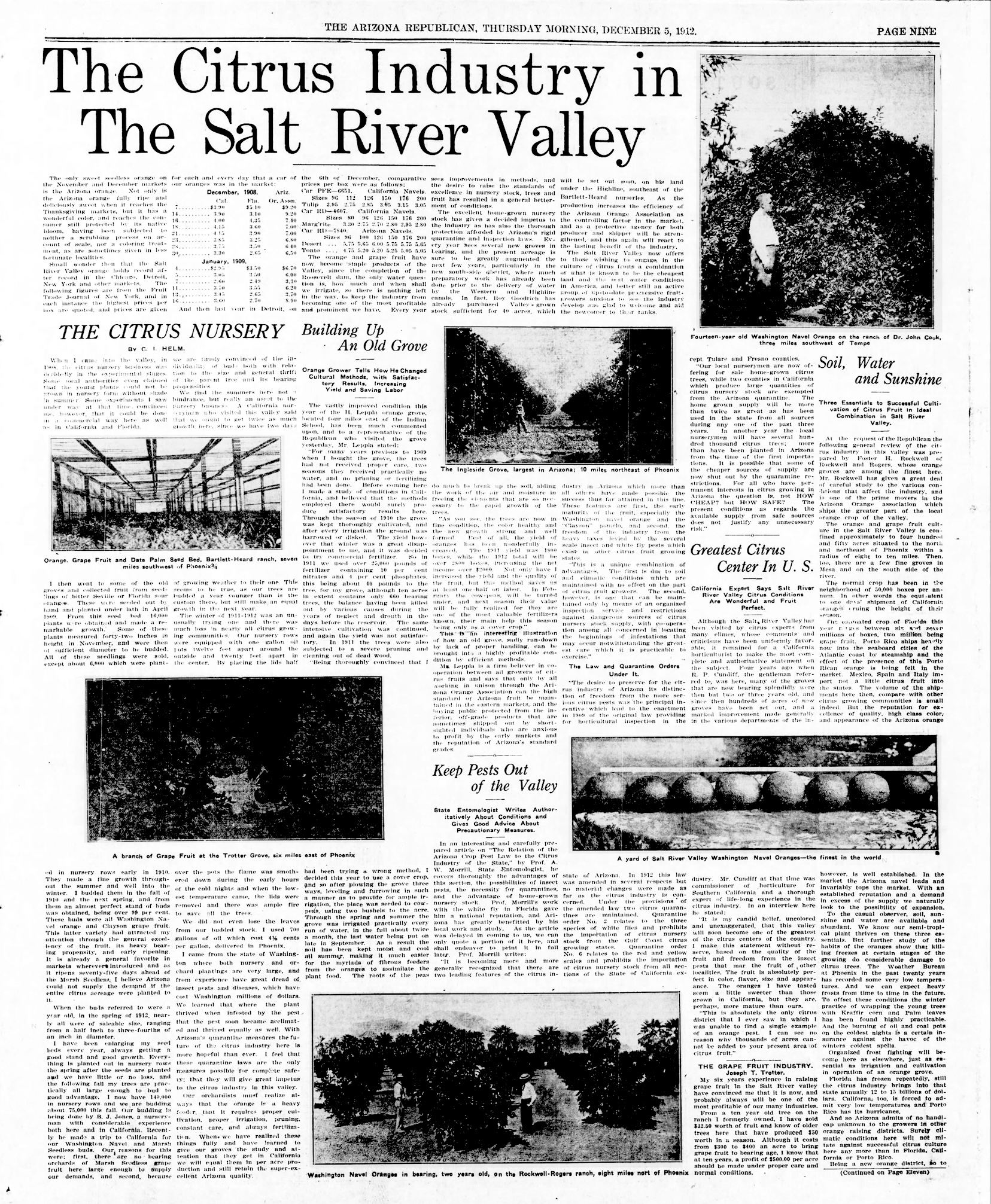 A full page of an Arizona newspaper from December 1912, with the title heading of "The Citrus Industry in the Salt River Valley".