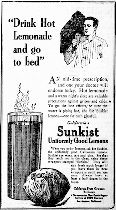 A vintage newspaper ad telling readers to drink hot lemonade before bed to ward off illness.