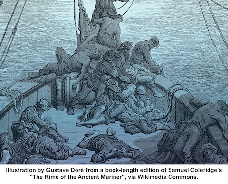 An antique illustration of sick sailors aboard a ship.