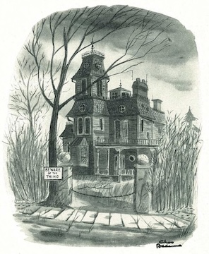 A black and white illustration of a spooky looking, Second Empire style Victorian Era house.