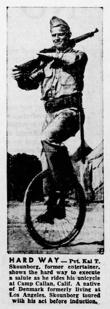 A newspaper clipping with a photo of a man in an army uniform riding a unicycle.