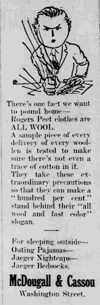 A newspaper ad for warm, wool pajamas to wear when you sleep outside in Arizona.