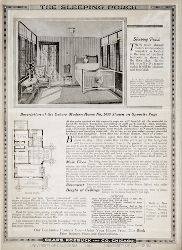 A page from the Sears Roebuck Honor Bilt House catalog, about sleeping porches with an illustration and a floor plan.